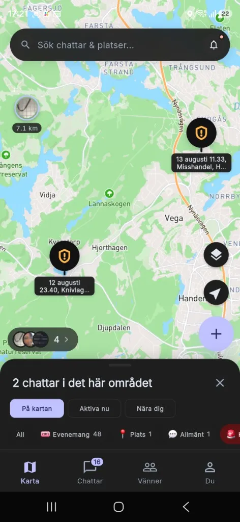 tojo-appen: en karta över chattar och händelser i närheten, med två chattar i området markerade.